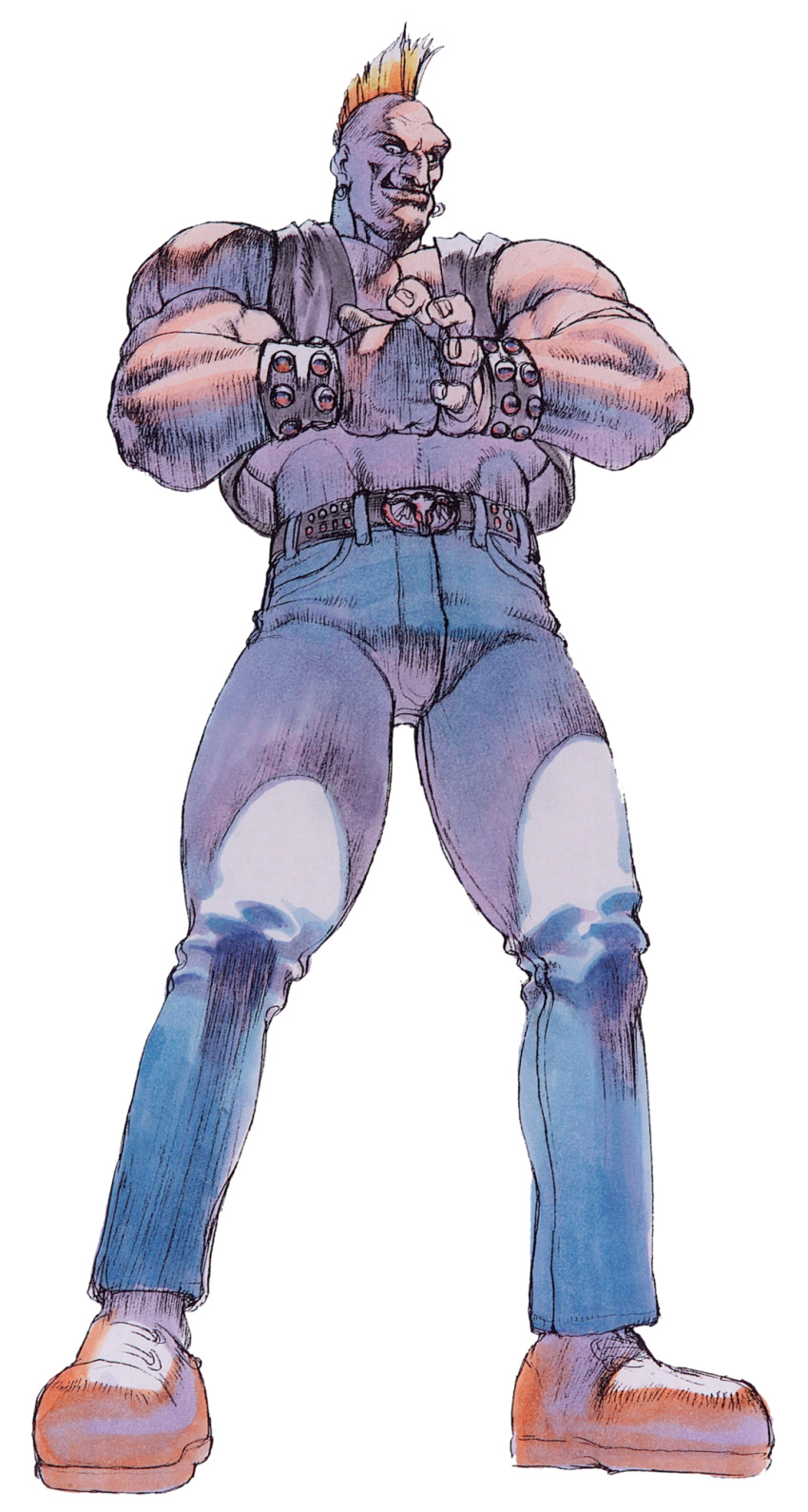 bengus birdie_(street_fighter) boots capcom cracking_knuckles denim highres jeans mohawk muscular muscular_arms muscular_male official_art pants punk sleeveless sleeveless_jacket street_fighter street_fighter_1 tall_male