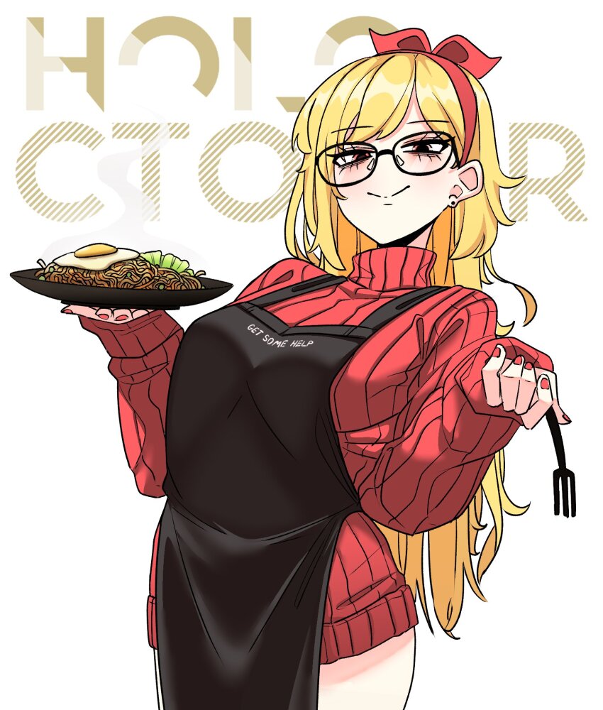 1girl apron black_apron breasts commentary cowboy_shot earrings english_commentary food fork fried_egg glasses hairband highres holding holding_fork holding_plate hololive hololive_indonesia jewelry kaela_kovalskia large_breasts leaning_back mii_rza no_pants noodles plate red_hairband red_nails red_sweater ribbed_sweater sleeves_past_wrists smile solo stud_earrings sweater virtual_youtuber