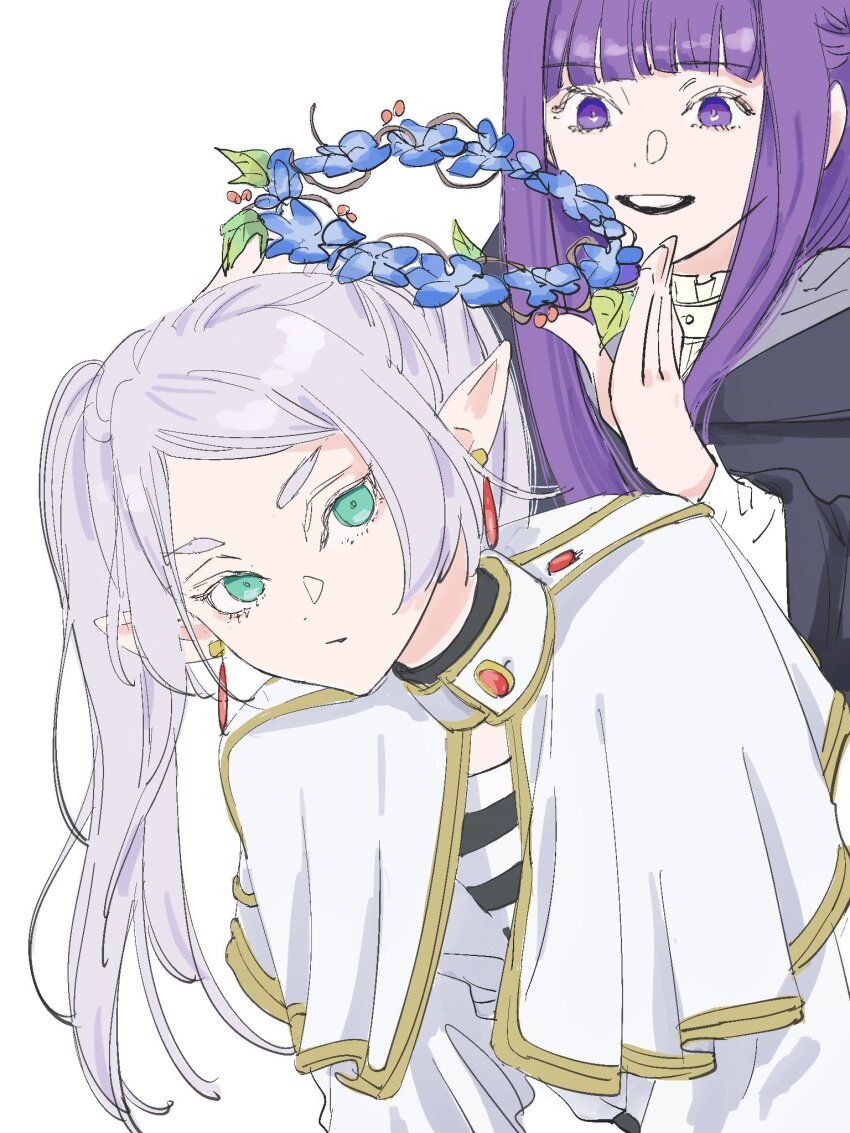 2girls blunt_bangs capelet earrings elf fern_(sousou_no_frieren) flower_wreath frieren green_eyes highres jewelry long_hair long_sleeves looking_at_viewer multiple_girls needbee_r pointy_ears purple_eyes purple_hair short_eyebrows sidelocks simple_background smile sousou_no_frieren teeth twintails upper_teeth_only white_background white_capelet