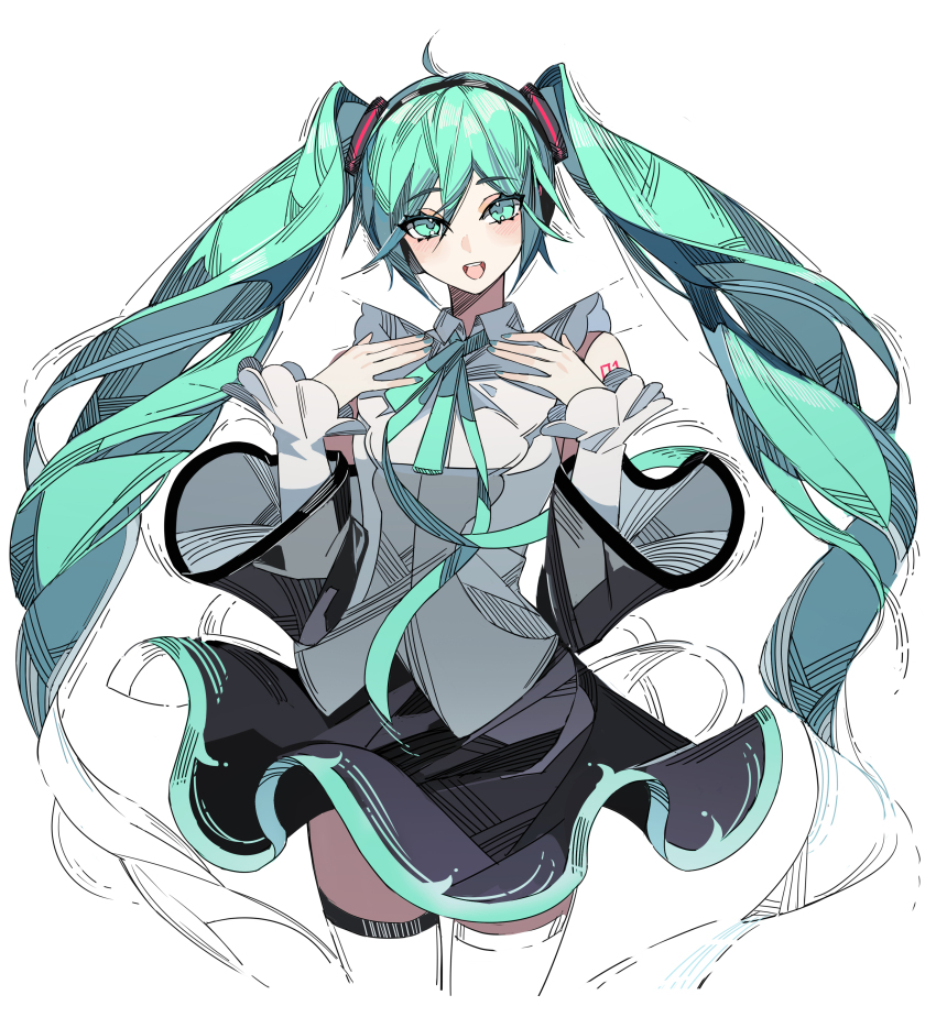 1girl absurdres aqua_eyes aqua_hair aqua_nails aqua_ribbon aqua_trim arm_tattoo black_skirt blush collared_shirt detached_sleeves eyelashes fingernails hair_between_eyes hatsune_miku headset highres kazenemuri long_hair long_sleeves looking_at_viewer nail_polish number_tattoo open_mouth ribbon shirt simple_background skirt solo tattoo teeth thighhighs tongue twintails upper_teeth_only vocaloid white_background white_shirt wide_sleeves