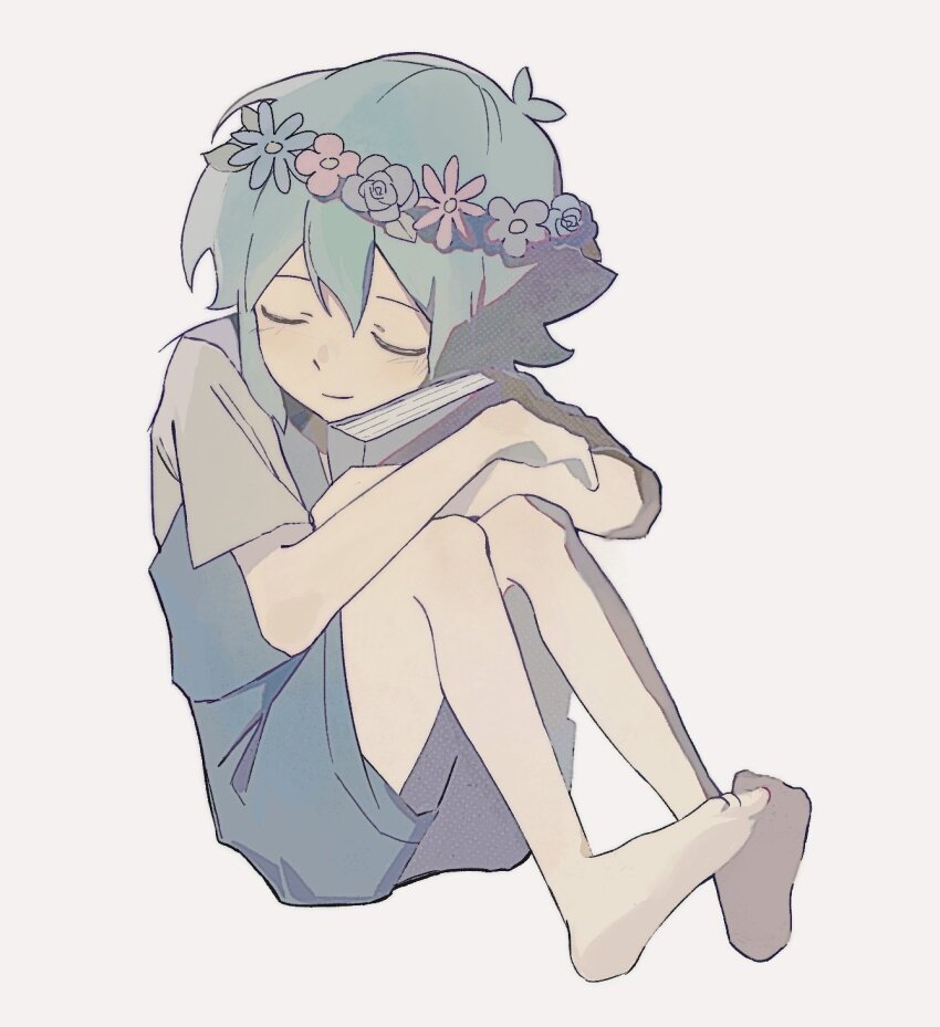 1boy barefoot basil_(headspace)_(omori) basil_(omori) blackwh01396023 blue_overalls book closed_mouth colored_skin green_hair head_wreath highres omori overall_shorts overalls short_hair short_sleeves simple_background sitting smile solo white_background white_skin