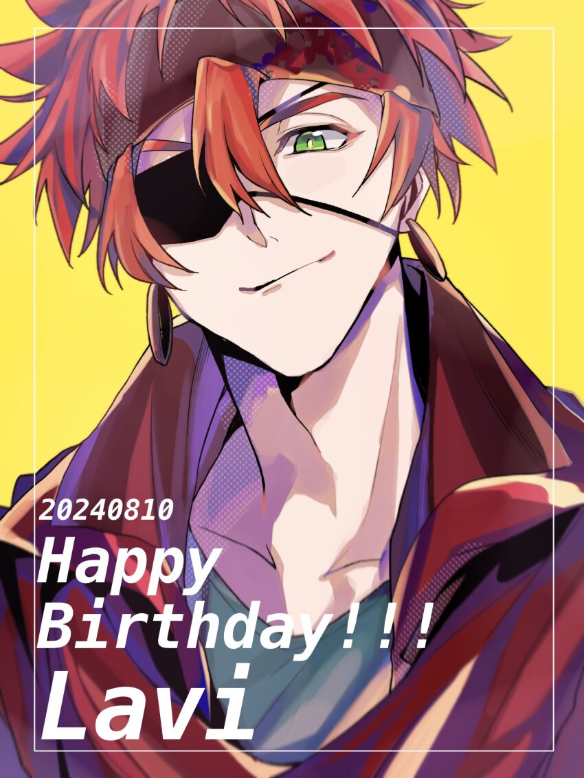 1boy black_coat black_order_uniform blue_shirt brown_headband coat collared_coat d.gray-man earrings eyepatch green_eyes hair_between_eyes happy_birthday headband highres hoop_earrings jewelry kanmu lavi looking_at_viewer male_focus one_eye_covered orange_hair red_scarf red_stripes scarf shirt short_hair sidelocks smile solo striped_coat striped_headband yellow_background