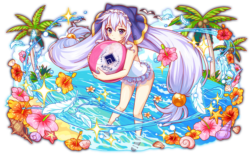 animal_ears anime_coloring artist_request ball bare_arms bare_legs bare_shoulders barefoot beach beachball bird blue_outline blush cat_ears closed_mouth coconut coconut_tree conch crash_fever criss-cross_halter curly_sidelocks dot_nose eris_(konosuba) eyelashes fake_animal_ears flower flower_on_liquid frilled_one-piece_swimsuit frills frown full_body game_cg hair_between_eyes halterneck hibiscus holding holding_ball holding_beachball kono_subarashii_sekai_ni_shukufuku_wo! leaning_forward legs_apart long_hair long_sidelocks low-tied_long_hair number_print numbered ocean official_art official_style one-piece_swimsuit orange_flower outline palm_leaf palm_tree partially_submerged pink_flower plumeria print_veil purple_eyes purple_veil purple_vest red_flower red_outline sand seagull shell sidelocks solo square square_print standing swimsuit tachi-e third-party_source toes transparent_background tree very_long_hair vest water_drop white_flower white_hair white_one-piece_swimsuit yellow_trim