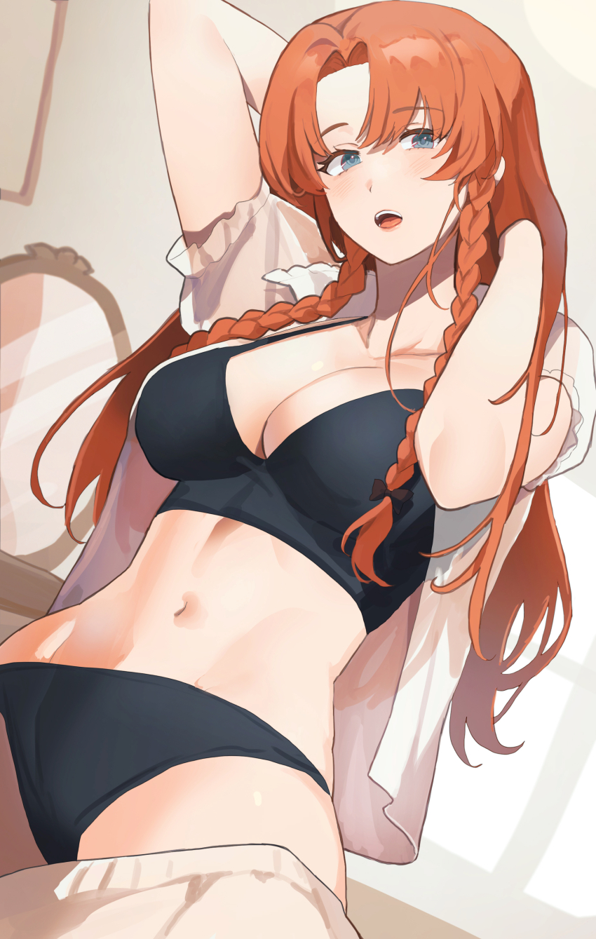 1girl :o absurdres arms_behind_head black_bra black_panties blush bra braid braided_sidelock breasts cleavage commentary hands_in_own_hair highres hong_meiling indoors large_breasts long_hair looking_at_viewer mirror navel open_clothes open_shirt orange_hair panties puffy_short_sleeves puffy_sleeves sarukana see-through_silhouette shirt short_sleeves solo stomach touhou underwear very_long_hair white_shirt