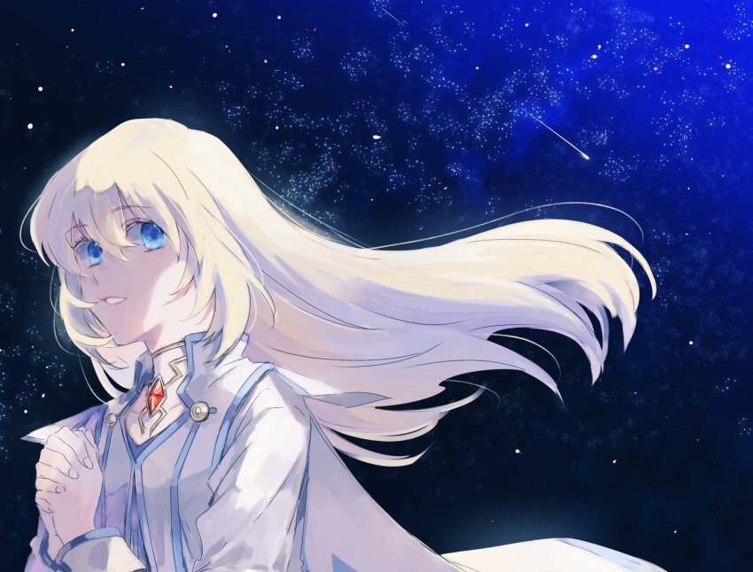 blonde_hair blue_eyes colette_brunel dress highres naonaomo night night_sky shooting_star sky smile star_(sky) starry_sky tales_of_(series) tales_of_symphonia white_dress