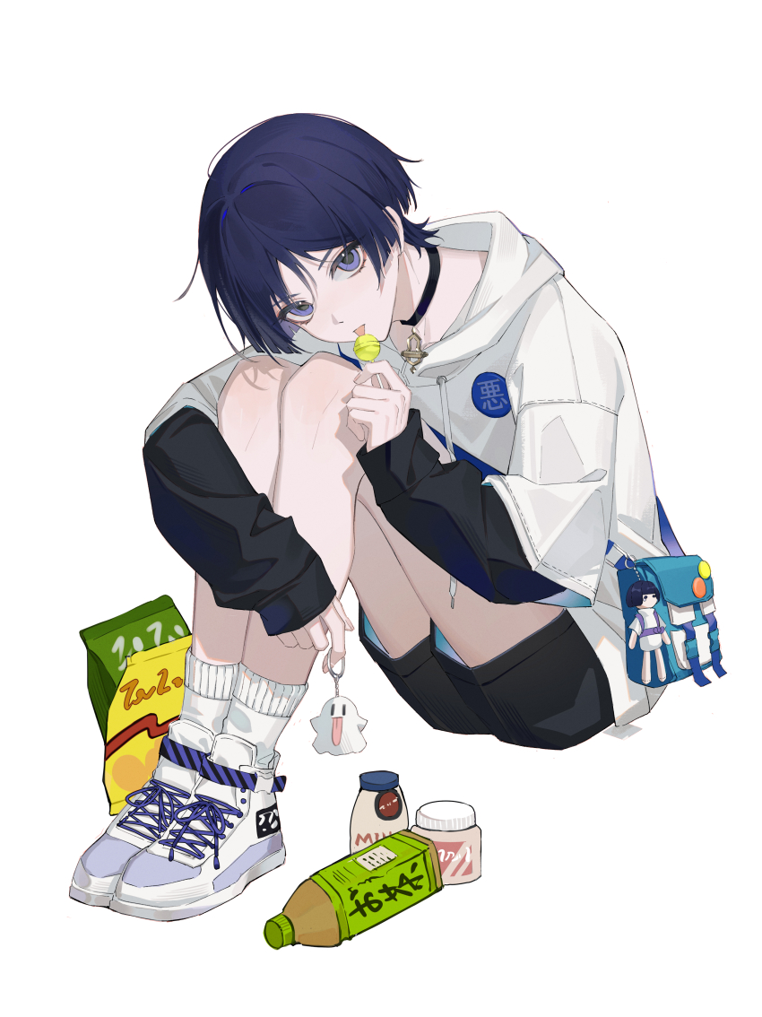 1boy absurdres alternate_costume black_shorts black_sleeves blue_bag blunt_ends bottle candy casual chupa_chups contemporary cross-laced_footwear doll drawstring fingernails food food_wrapper genshin_impact ghost highres holding holding_candy holding_food holding_lollipop hood hood_down hoodie layered_sleeves licking_food lollipop long_sleeves looking_at_viewer lower_eyelashes_only male_focus plastic_bottle purple_eyes purple_hair scaramouche_(genshin_impact) shorts sitting socks solo stuffed_toy tongue tongue_out white_background white_footwear white_hood white_hoodie white_sleeves white_socks xingxing_mei