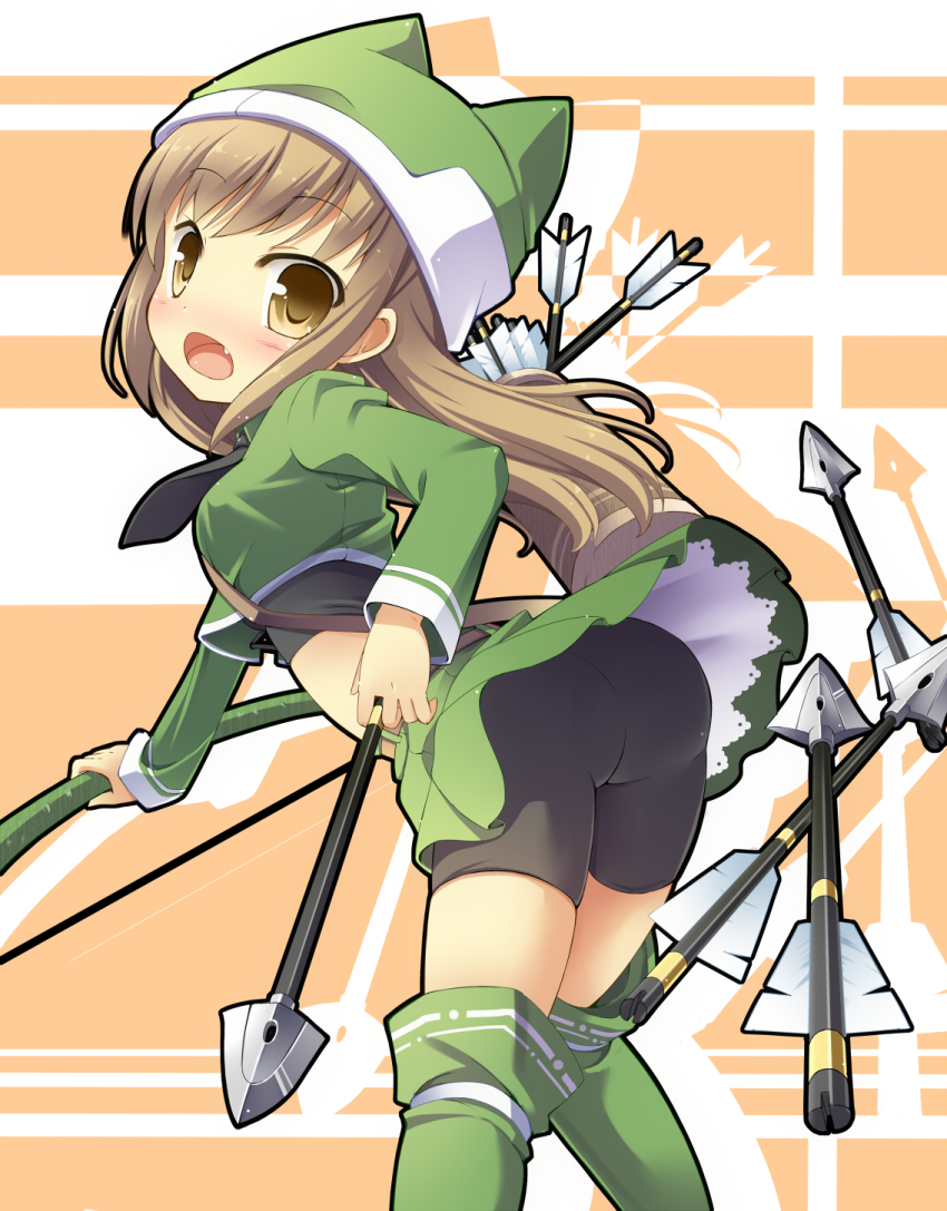 1girl arrow_(projectile) bike_shorts bow_(weapon) brown_eyes brown_hair female_focus highres long_hair masaki_(machisora) midriff solo weapon