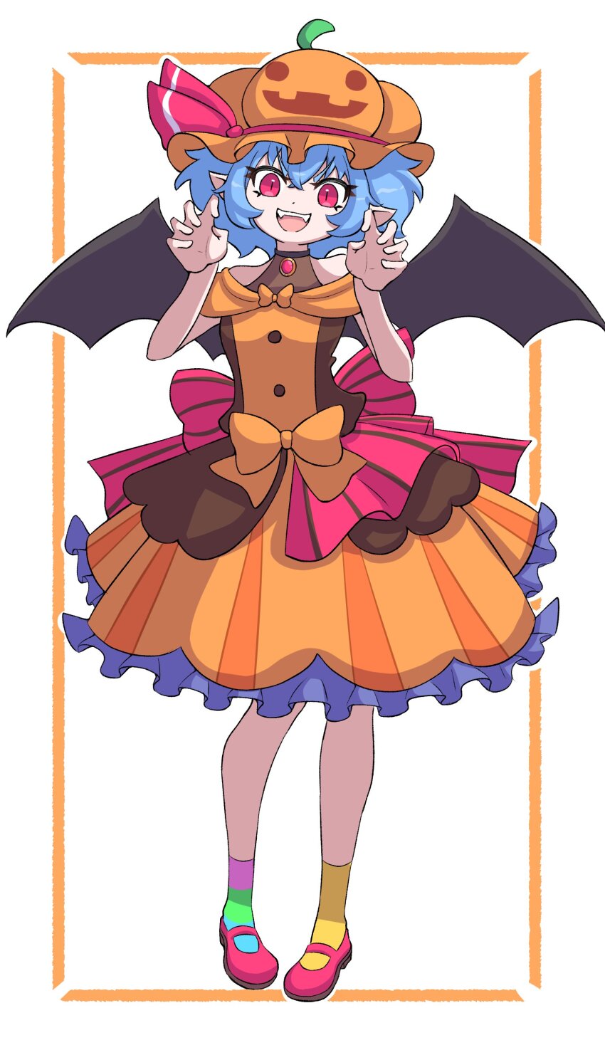 1girl absurdres alternate_costume bare_shoulders bat_wings black_collar black_wings blue_hair border bow collar dress eyelashes fangs frilled_dress frills full_body halloween_costume hat hat_ribbon highres mismatched_socks mob_cap open_mouth orange_border pointy_ears pumpkin_hat red_eyes red_ribbon remilia_scarlet ribbon short_sleeves slit_pupils smug_suriipi socks solo standing striped_bow touhou waist_bow white_background wings yellow_bow yellow_socks