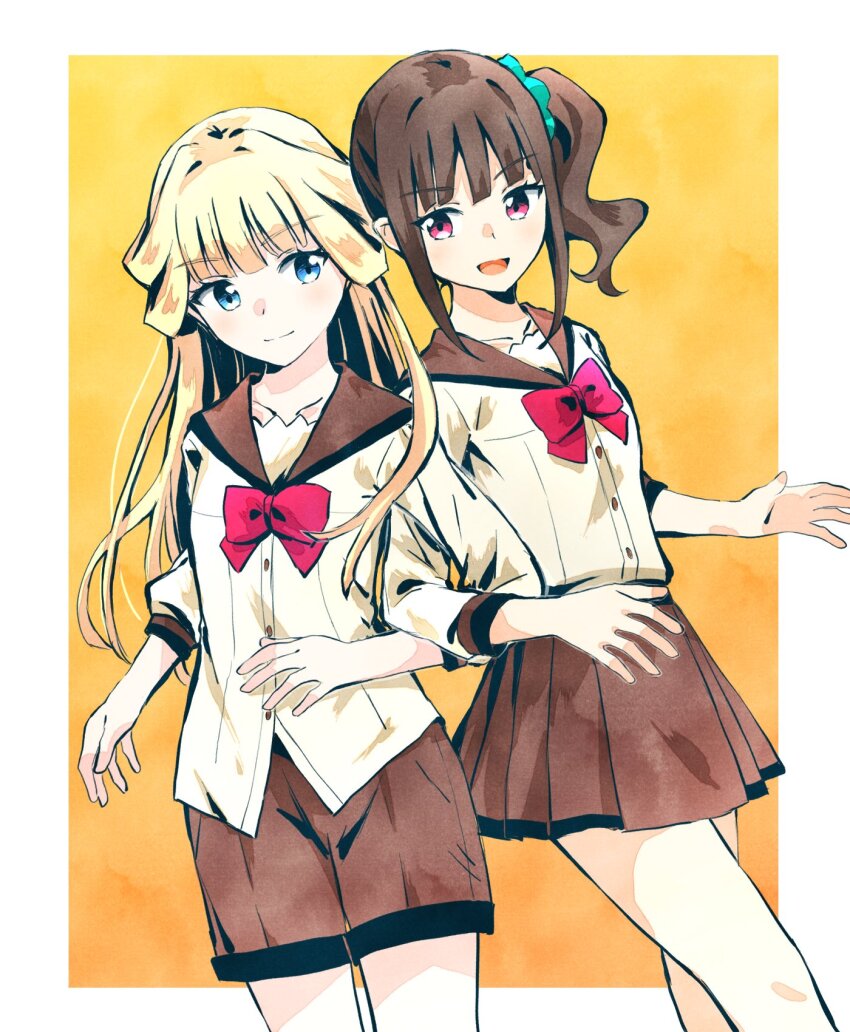 2girls aqua_scrunchie blonde_hair blue_eyes bow brown_hair brown_sailor_collar brown_shirt brown_shorts brown_skirt closed_mouth highres isumi long_hair multiple_girls nekoyashiki_mayu nekoyashiki_yuki orange_background precure purple_eyes red_bow sailor_collar school_uniform scrunchie second_wangan_school_uniform serafuku shirt shorts side_ponytail simple_background skirt smile wonderful_precure!