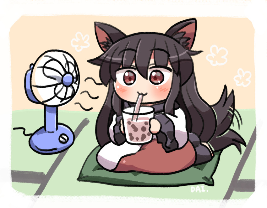 1girl :3 animal_ear_fluff animal_ears barefoot blush brown_hair bubble_tea closed_mouth commentary_request cup dress drinking drinking_straw electric_fan frilled_dress frills full_body hair_between_eyes holding holding_cup imaizumi_kagerou long_hair motion_lines on_cushion red_dress red_eyes rokugou_daisuke signature sitting solo tail tail_wagging touhou two-tone_dress white_dress wolf_ears wolf_girl wolf_tail