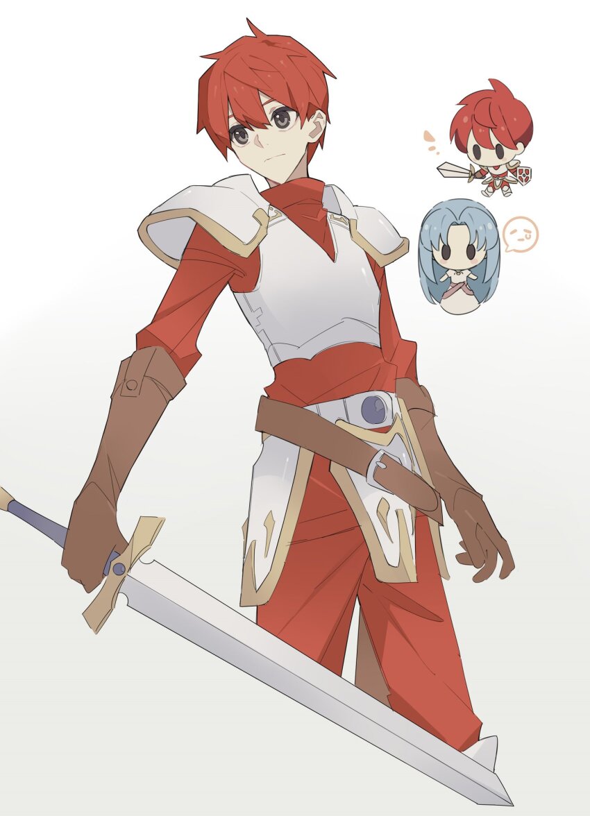 1boy 1girl adol_christin ancient_ys_vanished armor blue_hair brown_gloves chibi chibi_inset commentary_request faulds feena_(ys) george_man gloves grey_eyes highres holding holding_sword holding_weapon long_hair multiple_views pauldrons red_hair short_hair shoulder_armor simple_background spoken_expression standing sword weapon white_background ys