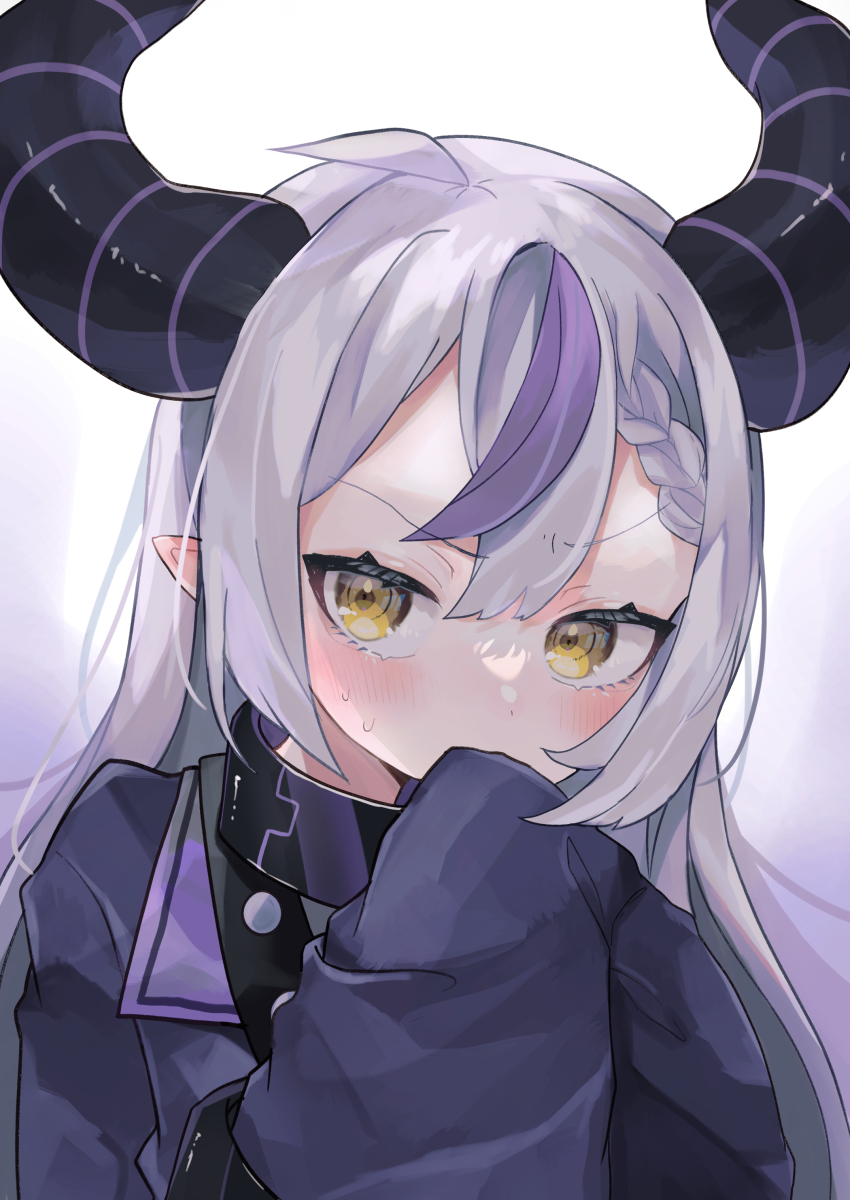 absurdres ahoge blush braid collar covered_mouth demon_horns dot_nose frown gradient_background grey_hair hair_between_eyes hands_in_sleeves highres hololive holox horns jacket la+_darknesss long_hair multicolored_hair nemuta_muu nervous pointy_ears purple_hair purple_jacket sidelocks simple_background single_braid sweat two-tone_hair upper_body very_long_sleeves virtual_youtuber yellow_eyes