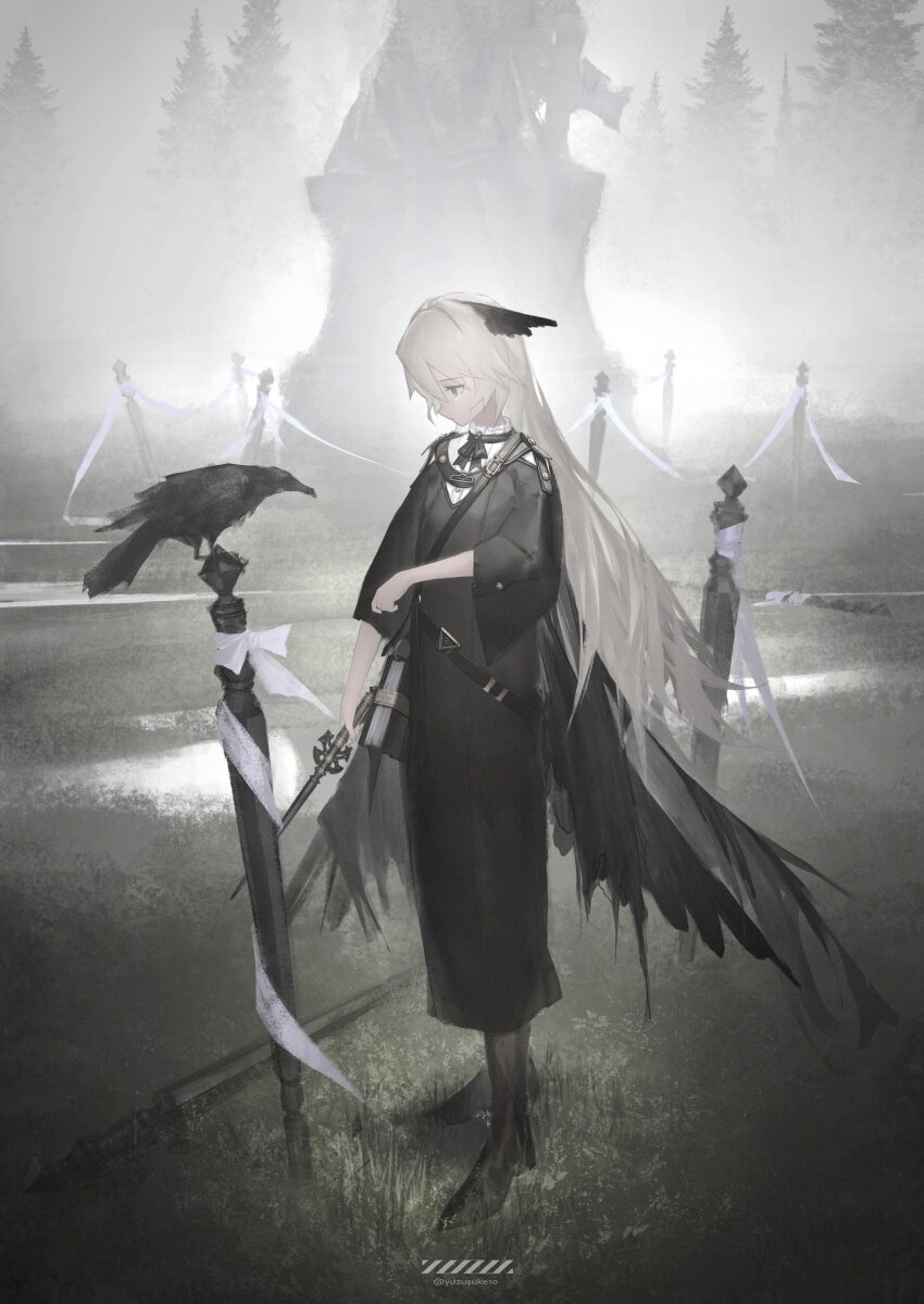 1girl absurdres artist_name bird black_dress black_neckerchief black_wings book commentary crossed_bangs crow dress fog full_body grass grey_eyes hair_between_eyes highres holding holding_wand long_dress long_hair neckerchief original outdoors pale_skin ribbon shirt short_sleeves standing tree very_long_hair wand white_hair white_ribbon white_shirt wings witch yuzu_(yuzusuke10)