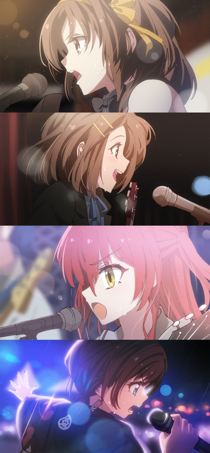 4girls :d absurdres aroha_j black_bow black_bowtie black_kimono blue_eyes blue_ribbon bocchi_the_rock! bow bowtie brown_eyes brown_hair commentary_request from_side girls_band_cry green_eyes hair_ornament hair_ribbon hairclip highres hirasawa_yui holding holding_microphone iseri_nina japanese_clothes k-on! kimono kita_ikuyo leotard long_sleeves medium_hair microphone multiple_girls music neck_ribbon official_alternate_costume open_mouth playboy_bunny red_hair ribbon sakuragaoka_high_school_uniform school_uniform singing smile suzumiya_haruhi suzumiya_haruhi_no_yuuutsu tongue wide_sleeves winter_uniform yellow_ribbon