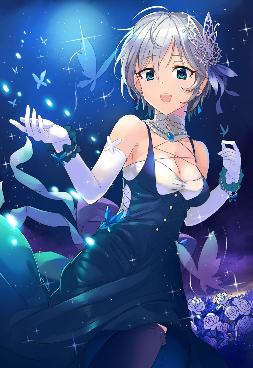 1girl absurdres anastasia_(idolmaster) ashita_(2010) bare_shoulders blue_background blue_butterfly blue_dress blue_eyes blue_ribbon blush breasts bug butterfly butterfly_hair_ornament cleavage collarbone detached_collar dress earrings elbow_gloves flower gloves grey_hair hair_ornament hair_ribbon highres idolmaster idolmaster_cinderella_girls insect jewelry looking_at_viewer medium_breasts necklace open_mouth pendant ribbon rose short_hair smile solo sparkle white_gloves