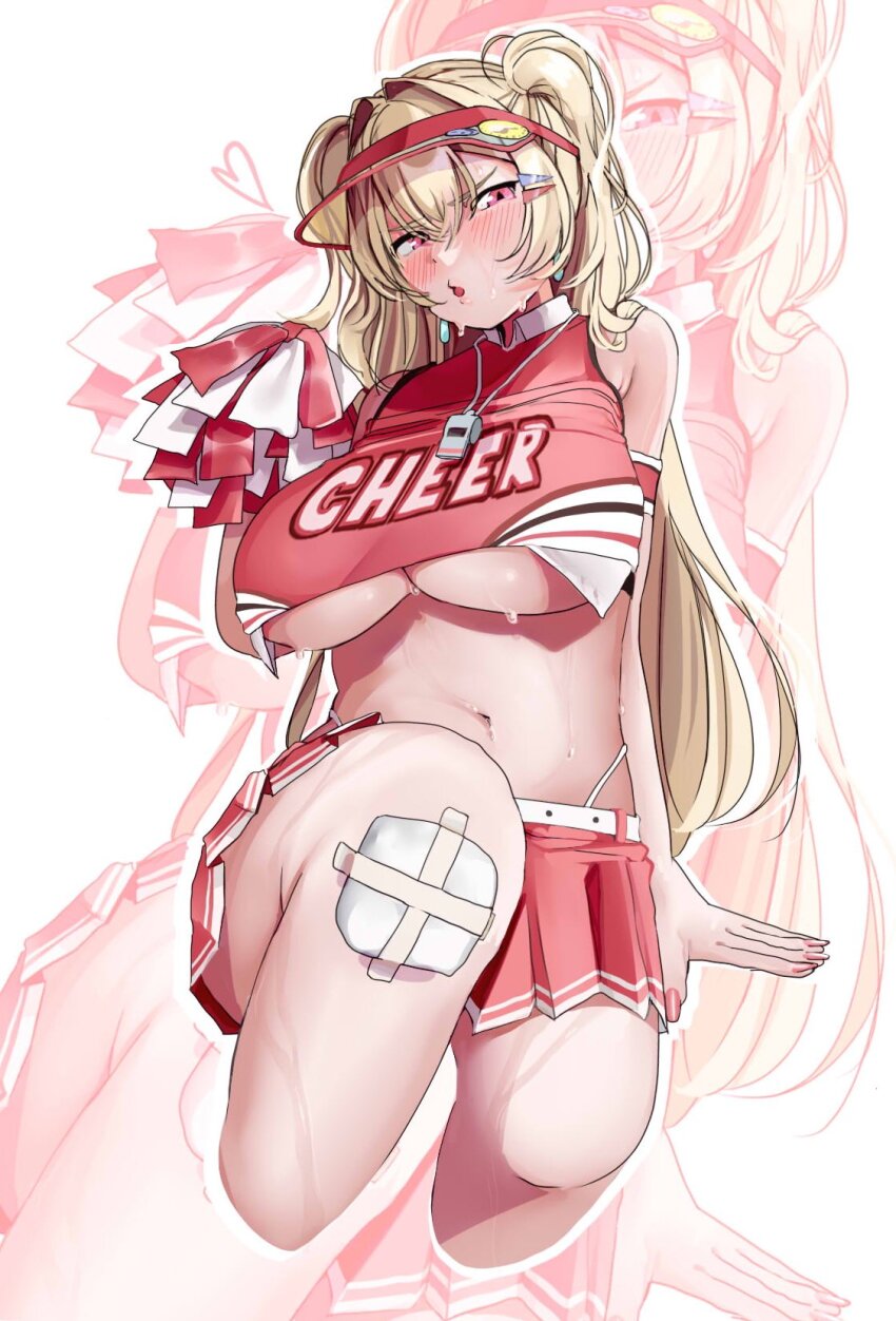 1girl :o blonde_hair bluh breasts cheerleader clay_(nikke) crop_top embarrassed gauze gauze_on_knee goddess_of_victory:_nikke hair_intakes hair_ornament hairclip heart highres large_breasts long_hair navel parted_lips pink_eyes pom_pom_(cheerleading) red_shirt red_skirt shirt skirt solo sweat twintails two-tone_shirt two-tone_skirt underboob virambs visor_cap whistle whistle_around_neck zoom_layer