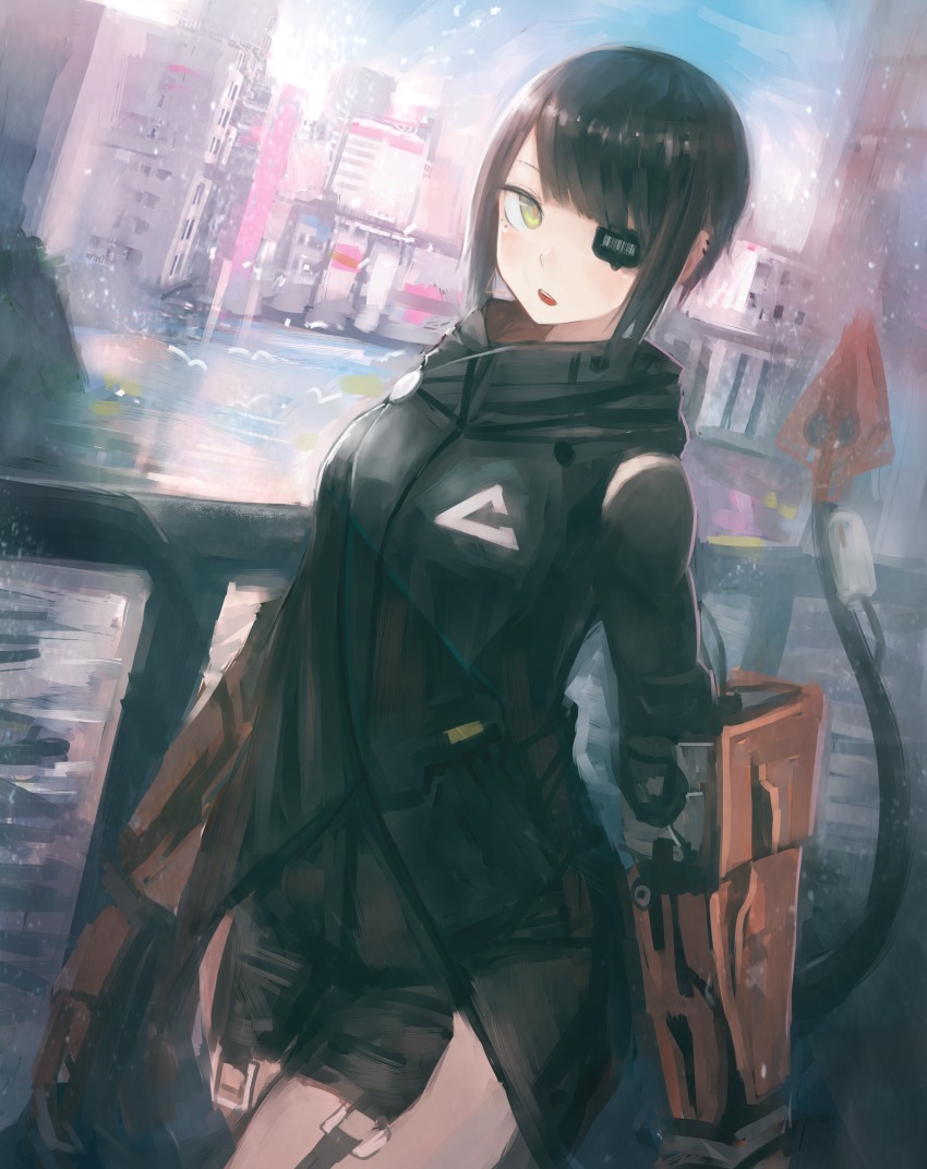 1girl absurdres black_coat black_hair city coat cowboy_shot cyberpunk eyepatch female_focus highres looking_at_viewer mechanical_arms mechanical_tail mihato_senba open_mouth original prosthesis science_fiction short_hair single_mechanical_arm smile solo swept_bangs tail teeth walking yellow_eyes