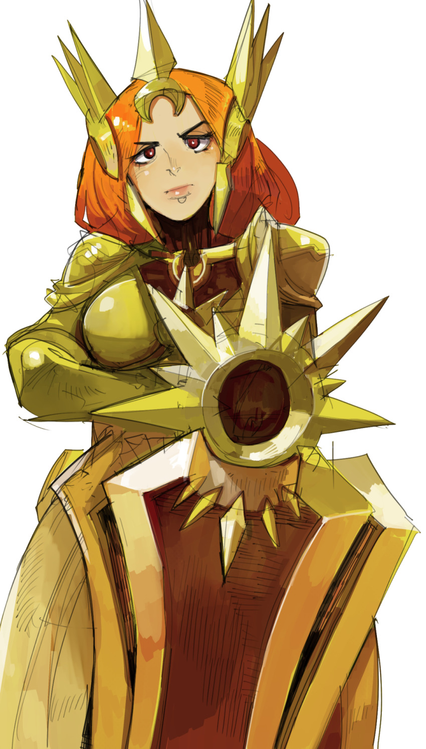 1girl armor bad_id bad_tumblr_id boobplate breastplate breasts closed_mouth gold_armor headpiece highres league_of_legends leona_(league_of_legends) long_hair medium_breasts orange_hair pink_lips raichiyo red_eyes shield shoulder_armor simple_background solo turtleneck v-shaped_eyebrows white_background