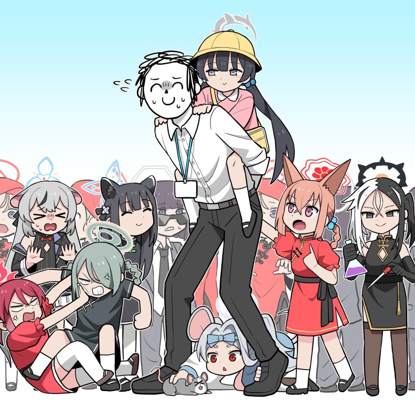 &gt;_&lt; 1boy 6+girls ^_^ aged_down all_fours anger_vein animal_ears bag belt black_dress black_eyes black_footwear black_gloves black_hair black_pants black_shirt black_tortoise_promenade_member_(sg)_(blue_archive) blank_eyes blue_archive blush brown_footwear brown_hair brown_thighhighs carrying catfight chinese_clothes clenched_teeth closed_eyes closed_mouth collared_shirt doodle_sensei_(blue_archive) dress elbow_gloves erlenmeyer_flask fang fighting flask flying_sweatdrops fox_ears genryumon_member_(blue_archive) gloves grey_hair hair_bobbles hair_ornament hair_over_one_eye hair_rings halo hat highres kai_(blue_archive) kindergarten_uniform kisaki_(blue_archive) kokona_(blue_archive) lanyard long_hair mina_(blue_archive) mouse_ears mouse_tail multicolored_hair multiple_girls nervous_smile open_mouth pants piggyback pink_eyes pink_shirt pipette pointing pointing_at_self red_eyes red_shirt red_skirt reijo_(blue_archive) rumi_(blue_archive) rumi_(small)_(blue_archive) sash saya_(blue_archive) school_hat sensei_(blue_archive) shirt shirt_tucked_in shoes short_sleeves shoulder_bag shun_(blue_archive) shun_(small)_(blue_archive) skin_fang skirt smile socks standing sweatdrop tail teeth thighhighs twintails two-tone_hair walking washin white_hair white_socks yellow_hat