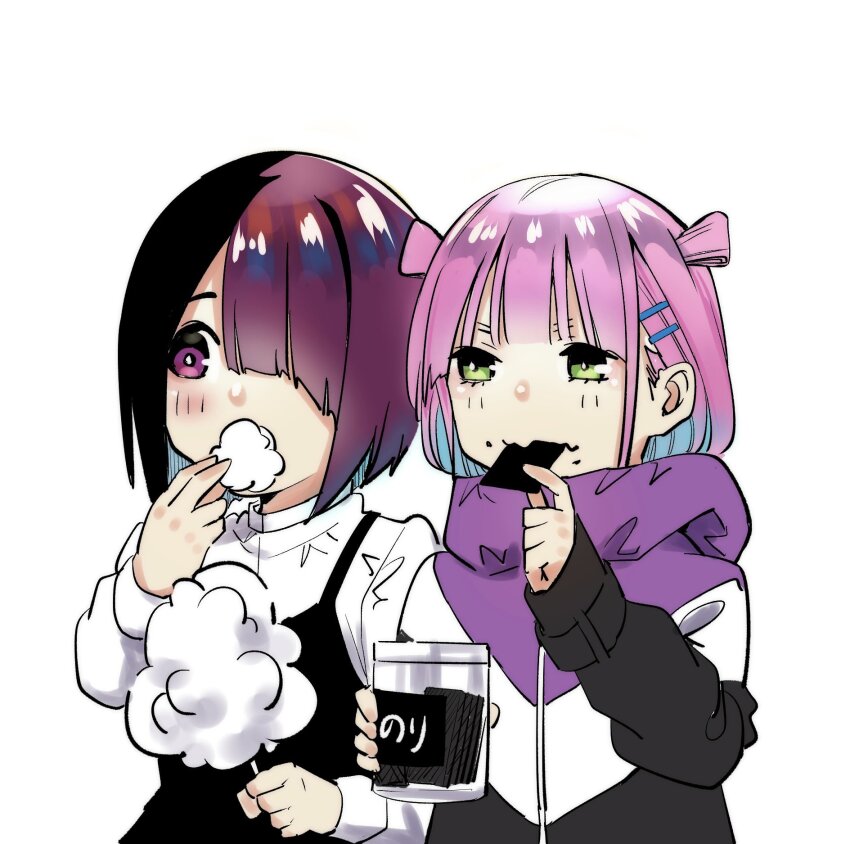 2girls black_dress commentary_request cotton_candy deformed dress eating food food_request green_eyes hair_ornament hair_over_one_eye hairclip highres holding holding_cotton_candy holding_food jacket long_sleeves multicolored_clothes multicolored_jacket multiple_girls pinafore_dress pink_hair purple_eyes purple_hair sawaranaide_kotesashi-kun sayamagaoka_chiyo shinjou_takuya shirt short_hair sleeveless sleeveless_dress solo sumiyoshi_izumi upper_body white_background white_shirt