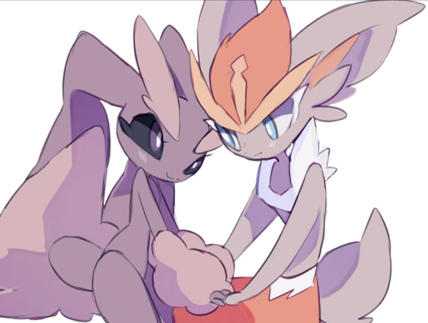 1boy 1girl animal_ears animal_hands black_sclera blue_eyes body_fur bright_pupils brown_fur cinderace colored_eyelashes colored_sclera creatures_(company) furry furry_female furry_male game_freak gen_4_pokemon gen_8_pokemon grey_fur highres holding_hands looking_at_another lopunny masayo_(skip) nintendo pokemon pokemon_(creature) purple_eyes rabbit_ears rabbit_girl rabbit_tail simple_background smile tail two-tone_fur white_background white_fur white_pupils yellow_fur