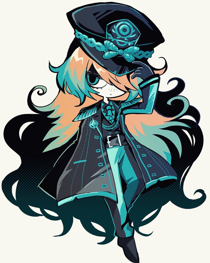 1girl belt black_coat blind_obsession_(e.g.o) coat curly_hair e.g.o_(project_moon) freckles green_eyes green_hair hat hatosabure highres ishmael_(project_moon) limbus_company long_hair medal multicolored_hair orange_hair pants project_moon sailor_hat solo two-tone_hair