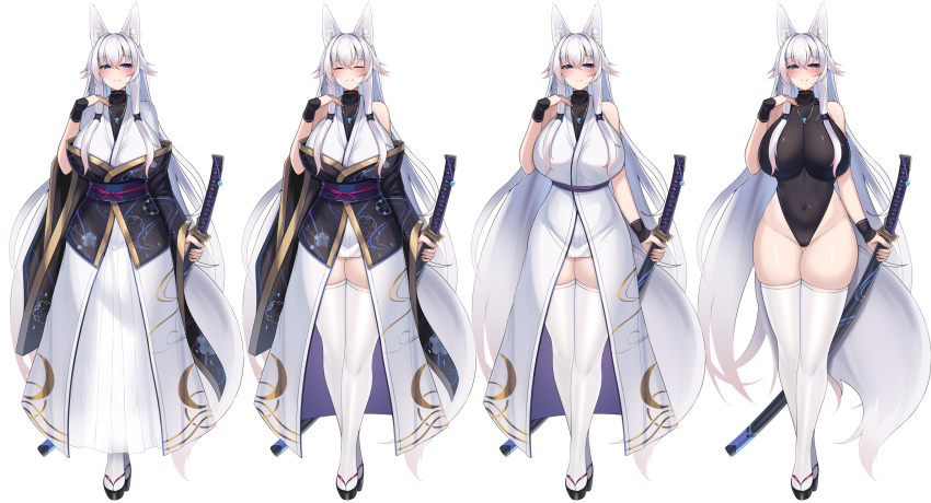 1girl animal_ear_fluff animal_ears black_leotard blue_eyes blush borrowed_character breasts covered_navel fox_ears fox_girl fox_tail full_body hair_between_eyes highres holding holding_sheath holding_sword holding_weapon huge_breasts japanese_clothes jewelry katana kutan large_tail leotard leotard_under_clothes long_hair looking_at_viewer magatama magatama_necklace necklace original scabbard sheath sheathed solo sword tail thighhighs weapon white_hair