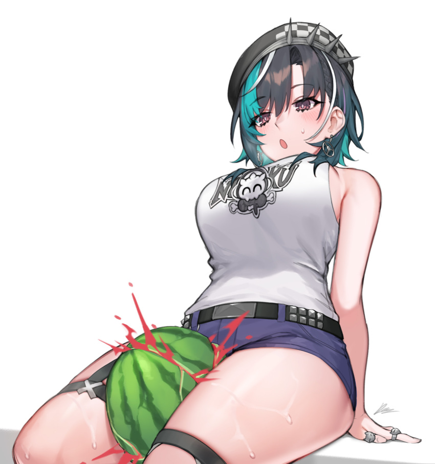 1girl belt beret between_thighs black_hair breasts brown_eyes colored_inner_hair commentary crushing_food dasdokter denim denim_shorts food fruit green_hair hat highres hololive hololive_dev_is large_breasts medium_hair multicolored_hair rindo_chihaya shirt short_shorts shorts simple_background sitting sleeveless sleeveless_shirt solo streaked_hair sweat symbol-only_commentary thick_thighs thigh_strap thighs virtual_youtuber watermelon watermelon_between_thighs white_background white_shirt