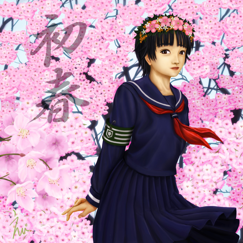 1girl armband arms_behind_back asian black_hair blue_sailor_collar blue_serafuku blue_shirt blue_skirt blunt_bangs brown_eyes cherry_blossoms clothes_lift commentary_request cowboy_shot day ebi_(eeotoko) emblem flower flower_wreath green_armband head_wreath highres lips long_sleeves looking_at_viewer medium_skirt neckerchief nose outdoors partial_commentary pink_flower pleated_skirt realistic red_neckerchief safety_pin sailor_collar school_uniform serafuku shirt short_hair skirt skirt_lift solo standing toaru_kagaku_no_railgun toaru_majutsu_no_index translation_request tree uiharu_kazari white_flower wind wind_lift winter_uniform wreath