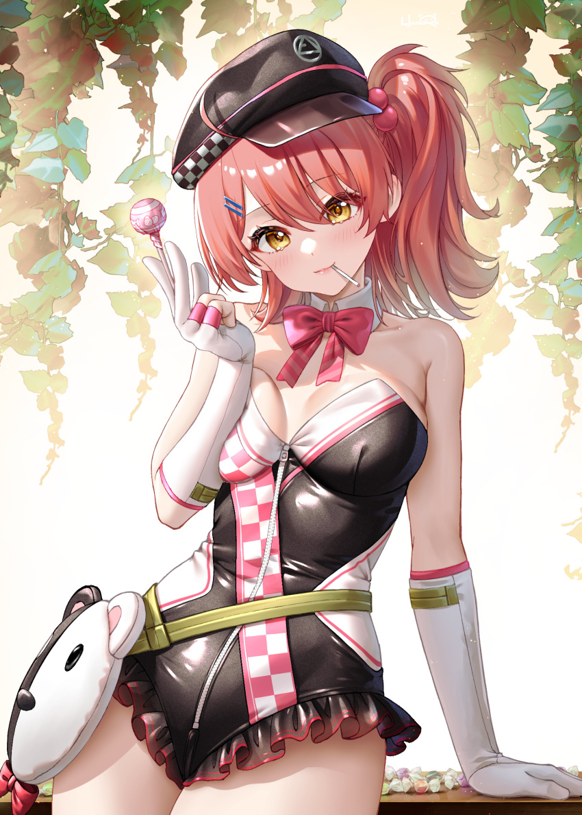 1girl ahoge animal_bag arm_support black_hat black_leotard blush bow bowtie breasts cabbie_hat candy chinese_commentary closed_mouth collar commentary_request detached_collar food food_in_mouth frilled_leotard frills girls&#039;_frontline girls&#039;_frontline_2:_exilium gloves hair_ornament hairpin haneru hat highres holding holding_candy holding_food holding_lollipop leaf leotard lollipop looking_at_viewer mp7_(girls&#039;_frontline) multiple_hairpins official_alternate_costume one_side_up partially_fingerless_gloves pink_bow pink_bowtie pink_hair print_leotard short_hair solo two-tone_leotard white_collar white_gloves white_leotard yellow_eyes zipper zipper_leotard