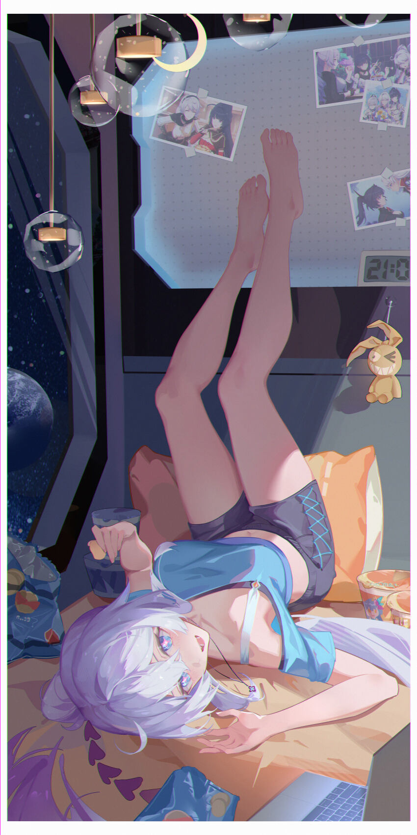 1girl :d absurdres ahoge analog_clock bare_legs barefoot birthday_cake black_hairband black_shorts blue_eyes blue_shirt breasts bronya_zaychik bronya_zaychik_(herrscher_of_truth) bronya_zaychik_(outstanding_attitude) bronya_zaychik_(silverwing:_n-ex) cake character_charm charm_(object) chinese_commentary chips_(food) chromatic_aberration cleavage clock comet_(user_fjsa4577) commentary_request computer crop_top dress drill_hair drill_ponytail feet_against_wall food hair_ornament hairband hanging_light head_rest highres holding holding_food homu_(honkai_impact) honkai_(series) honkai_impact_3rd indoors kiana_kaslana kiana_kaslana_(herrscher_of_finality) kiana_kaslana_(herrscher_of_the_void) kiana_kaslana_(valkyrie_ranger) laptop large_breasts legs_up long_hair looking_at_object looking_at_viewer lying medium_breasts midriff navel noodles off-shoulder_shirt off_shoulder official_alternate_costume official_art_inset on_back open_mouth picture_frame pillow pink_pupils ponytail potato_chips purple_hair raiden_mei raiden_mei_(apho) raiden_mei_(danzai_spectramancer) raiden_mei_(herrscher_of_origin) raiden_mei_(orochi_cuirass) raiden_mei_(valkyrie_bladestrike) ramen red_shirt shirt shorts signature smile solo star-shaped_pupils star_(symbol) symbol-shaped_pupils tape toes very_long_hair white_dress white_hair white_shirt