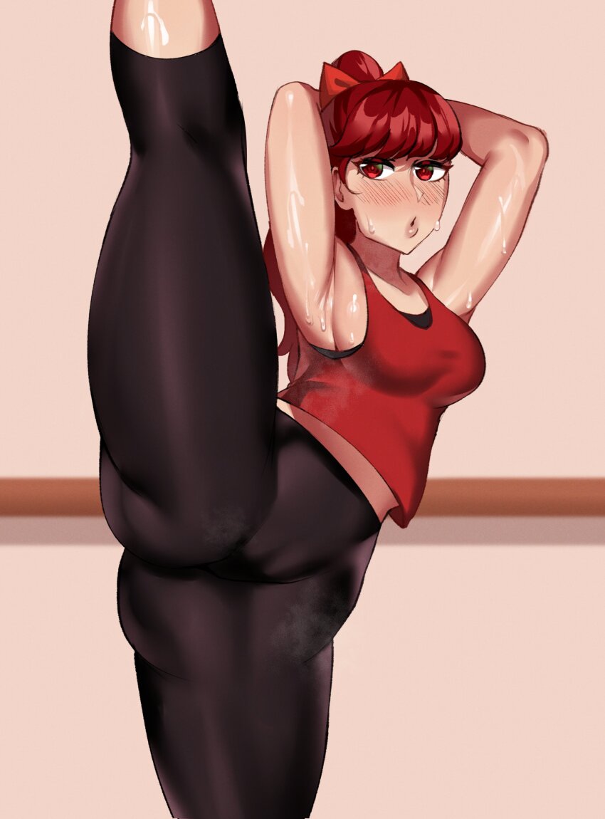 1girl absurdres alternate_costume armpits ass black_leggings blush breasts cameltoe highres indoors leg_up leggings long_hair medium_breasts persona persona_5 persona_5_the_royal ponytail red_eyes red_hair red_tank_top solo split standing standing_on_one_leg standing_split sweat tank_top wingedwasabi yoshizawa_kasumi