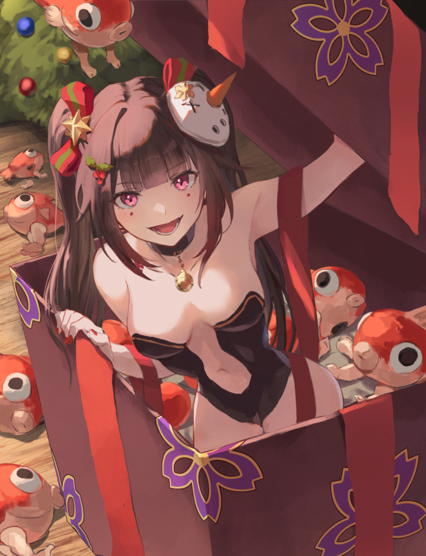 1girl :d bare_shoulders bell black_choker black_leotard box breasts brown_hair butterfly-shaped_pupils choker christmas christmas_tree clothing_cutout fish flower_tattoo gift highres honkai:_star_rail honkai_(series) in_box in_container jingle_bell jojobirdz leotard long_hair looking_at_viewer mark_under_both_eyes mask mask_on_head mistletoe navel navel_cutout neck_bell open_mouth pink_eyes red_nails smile solo sparkle_(honkai:_star_rail) symbol-shaped_pupils tattoo twintails very_long_hair