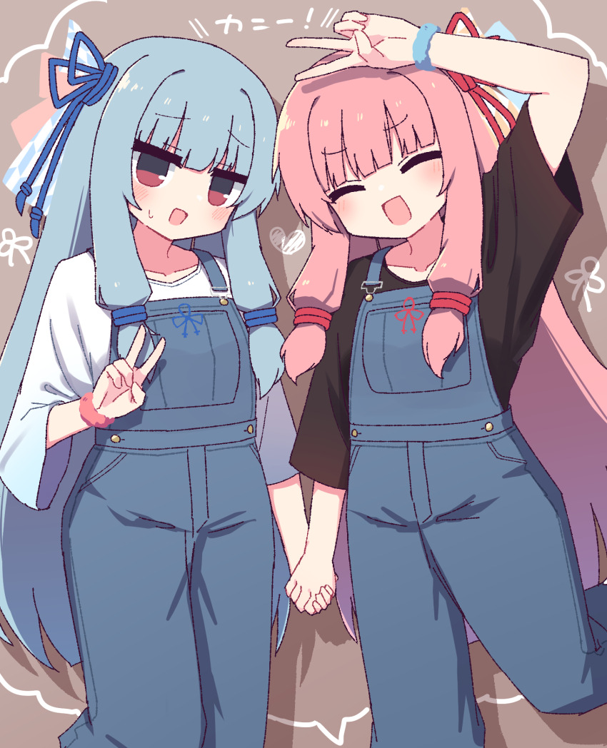 2girls :d arm_up black_shirt blue_hair blue_overalls blue_ribbon blush closed_eyes collarbone commentary facing_viewer feet_out_of_frame hair_ribbon hand_up hibino_000 highres holding_hands kotonoha_akane kotonoha_aoi long_hair looking_at_viewer multiple_girls open_mouth overalls pink_hair red_hair red_ribbon ribbon shirt sidelocks smile symbol-only_commentary three-quarter_sleeves v voiceroid white_shirt wide_sleeves