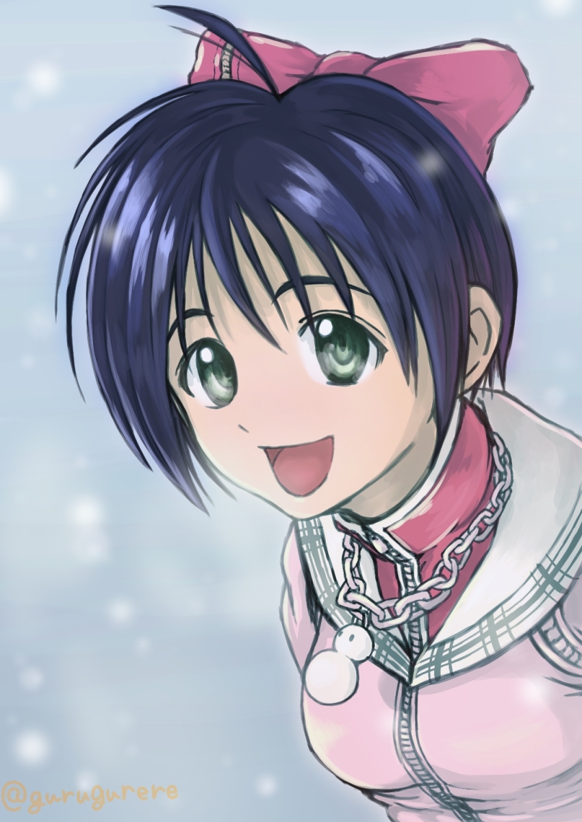 1girl ahoge blue_hair bow chain gurugurere hair_bow hair_ornament highres leaning_forward marchen_awakens_romance open_mouth short_hair simple_background smile snow snow_(mar) solo twitter_username upper_body zipper