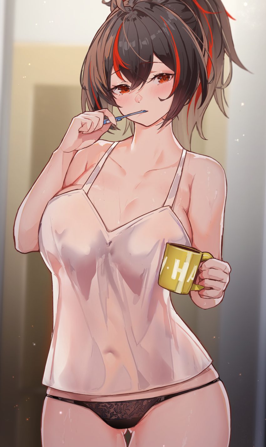 1girl absurdres breasts brushing_teeth highres large_breasts panties ponytail tank_top underwear zenless_zone_zero zhu_yuan