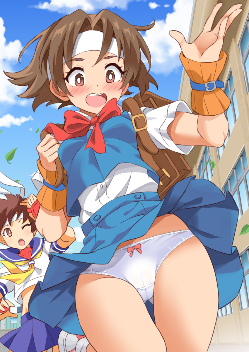 2girls blue_sailor_collar blue_skirt blue_vest blush breasts brown_eyes clothes_lift commission cropped_shirt embarrassed forehead_protector headband highres justice_gakuen kasugano_sakura looking_at_viewer multiple_girls neck_ribbon neckerchief one_eye_closed open_mouth outdoors panties pantyshot pixiv_commission red_ribbon ribbon sailor_collar shimouki_izui shiritsu_justice_gakuen shirt short_hair skirt skirt_lift small_breasts street_fighter street_fighter_zero_(series) underwear vest wakaba_hinata white_panties white_shirt wind wind_lift wrist_guards yellow_neckerchief