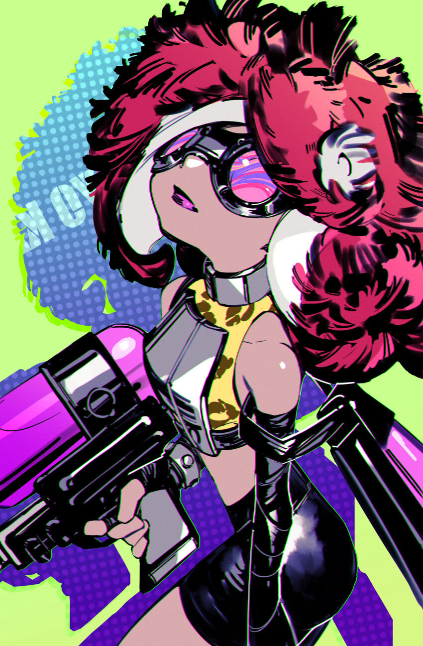 1girl animal_print armor bare_shoulders bike_shorts black_gloves black_shorts breastplate choker chromatic_aberration closed_mouth crop_top dark-skinned_female dark_skin elbow_gloves gloves goggles grey_choker highres holding holding_weapon ink_tank_(splatoon) leopard_print medium_hair midriff nintendo octo_shot_(splatoon) official_alternate_costume parted_bangs pink_lips red_hair romaji_commentary shirt shorts solo splatoon_(series) splatoon_3 takozonesu taroji tentacle_hair weapon yellow_shirt