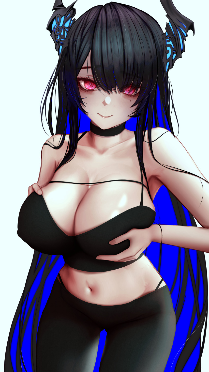 1girl absurdres alternate_costume armpits asymmetrical_horns bare_shoulders black_choker black_hair black_panties black_pants black_tank_top blue_hair breasts chest_strap choker cleavage collarbone colored_inner_hair covered_erect_nipples crop_top demon_horns grabbing_own_breast hair_between_eyes hair_over_one_eye highleg highleg_panties highres hololive hololive_english horns large_breasts light_smile long_hair looking_at_viewer midriff mole mole_under_eye multicolored_hair navel nerissa_ravencroft panties pants panty_straps red_eyes simple_background soju_ice solo stomach string_panties tank_top two-tone_hair underwear uneven_horns very_long_hair virtual_youtuber white_background workout_clothes yoga_pants