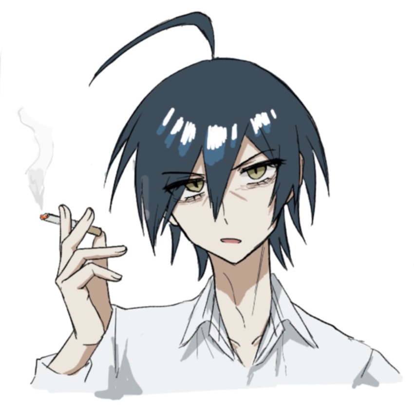 1boy ahoge black_hair brown_eyes cigarette collared_shirt cropped_shoulders danganronpa_(series) danganronpa_v3:_killing_harmony hair_between_eyes hand_up hati3bunbun highres holding holding_cigarette long_sleeves male_focus open_mouth saihara_shuichi shirt short_hair solo