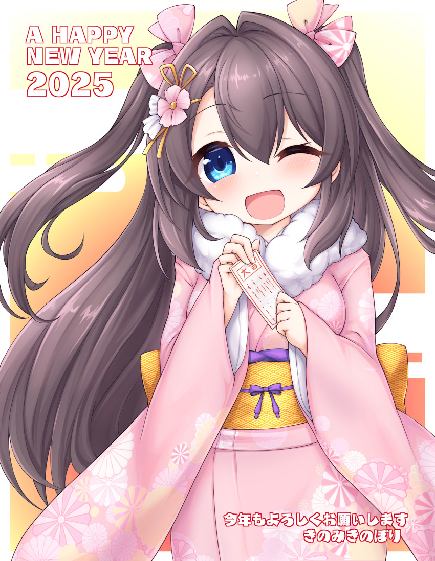 1girl 2025 20s blue_eyes blush bow breasts brown_hair floral_print flower hair_bow hair_flower hair_ornament happy_new_year holding japanese_clothes kimono kinomiki_nobori long_hair long_sleeves looking_at_viewer new_year obi one_eye_closed open_mouth orange_background original pink_bow pink_kimono print_bow print_kimono sash small_breasts smile standing sun_print twintails wide_sleeves wink