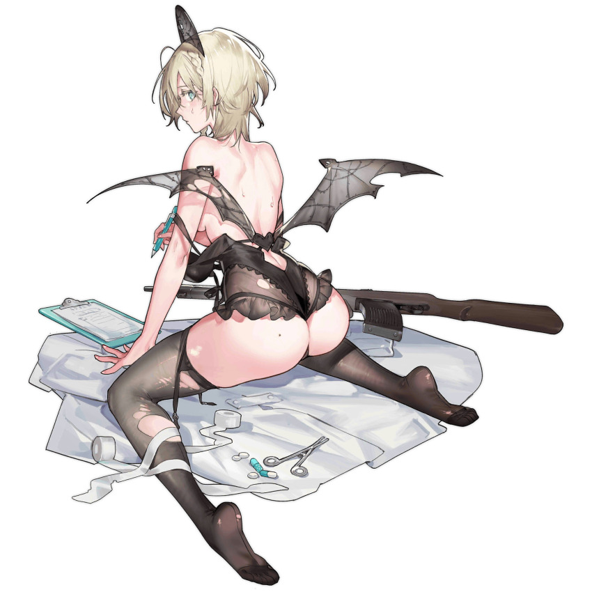 1girl ass back backboob backless_outfit bat_wings battle_rifle black_hat black_leotard black_negligee black_thighhighs black_wings blonde_hair blush braid breasts clipboard coat fake_wings fedorov_(girls&#039;_frontline) fedorov_(minty_exhale)_(girls&#039;_frontline) fedorov_avtomat feet from_behind full_body garter_straps gauze girls&#039;_frontline green_eyes green_ribbon gun hair_ribbon has_bad_revision has_censored_revision hat heart highres holding holding_pen kneeling lab_coat leotard long_hair looking_at_viewer looking_back medium_breasts negligee_pull no_shoes nurse_cap official_alternate_costume official_art parted_lips pen pill ribbon rifle see-through_clothes see-through_hat see-through_thighhighs simple_background soles solo starshadowmagician surgical_scissors sweat thighhighs third-party_source toes torn_clothes torn_negligee torn_thighhighs torn_wings transparent_background unworn_coat weapon weapon_on_floor white_coat wings