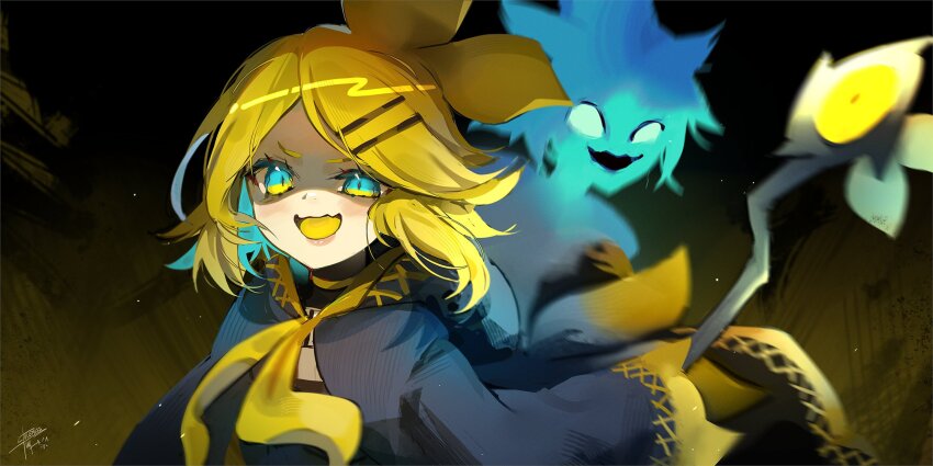 blonde_hair gekokujou_(vocaloid) ghost grey_sailor_collar highres kagamine_len kagamine_len_(vocaloid4) kagamine_rin kagamine_rin_(vocaloid4) littlemisstina_(artist) melancholic_(vocaloid) neckerchief necktie sailor_collar shaded_face smug yellow_neckerchief yellow_necktie