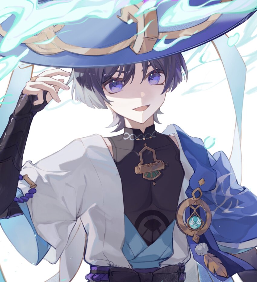 1boy anemo_symbol_(genshin_impact) aqua_gemstone arm_at_side armor belt black_belt black_bodysuit black_bow black_bridal_gauntlets black_hair blue_hat blue_kimono blue_sleeves blunt_ends bodysuit bow bridal_gauntlets covered_collarbone covered_pectorals curled_fingers eyeliner eyeshadow facing_viewer feathers fingernails genshin_impact gold han&#039;eri hand_up hat highres japanese_armor japanese_clothes jingasa kimono kote kurokote layered_kimono layered_sleeves looking_at_viewer makeup male_focus mandarin_collar maomaoyu open_clothes open_kimono open_mouth pom_pom_(clothes) purple_eyes purple_rope purple_sash red_eyeliner red_eyeshadow rope sash scaramouche_(genshin_impact) short_sleeves shoulder_peek smoke solo vision_(genshin_impact) wanderer_(genshin_impact) white_background white_kimono white_sleeves yellow_feathers