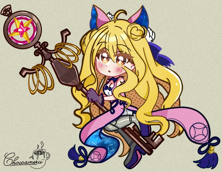 1girl blonde_hair chibi chocoameru date_a_live hair_bun hoshimiya_mukuro ribbon solo yellow_eyes