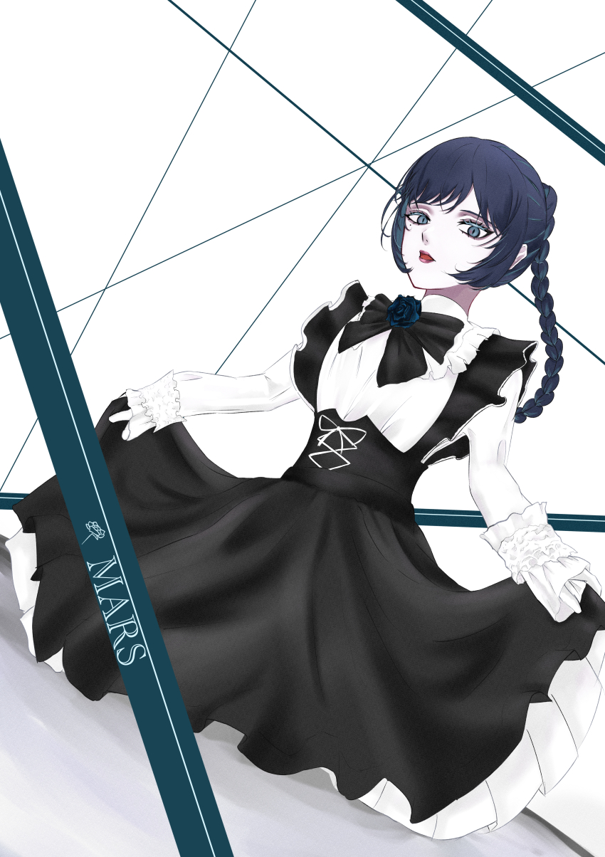 1girl absurdres ado_(utaite) black_bow black_bowtie black_dress black_hair blue_eyes blue_flower blue_hair blue_rose bow bowtie braid chando_(ado) commentary_request dress flower flower_brooch gloves highres long_hair long_sleeves mars_(ado) mole mole_under_eye multicolored_hair open_mouth rose sido_(sido_mrtsnkc) skirt_hold sleeves_past_wrists solo streaked_hair utaite white_gloves