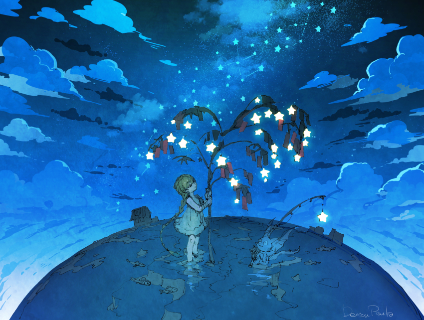 1girl artist_name blue_theme braid child cloud commentary_request constellation_request creature demizu_posuka dress fishing_rod holding holding_fishing_rod house long_hair night night_sky original outdoors sky solo standing star_(sky) tanabata tanzaku white_dress