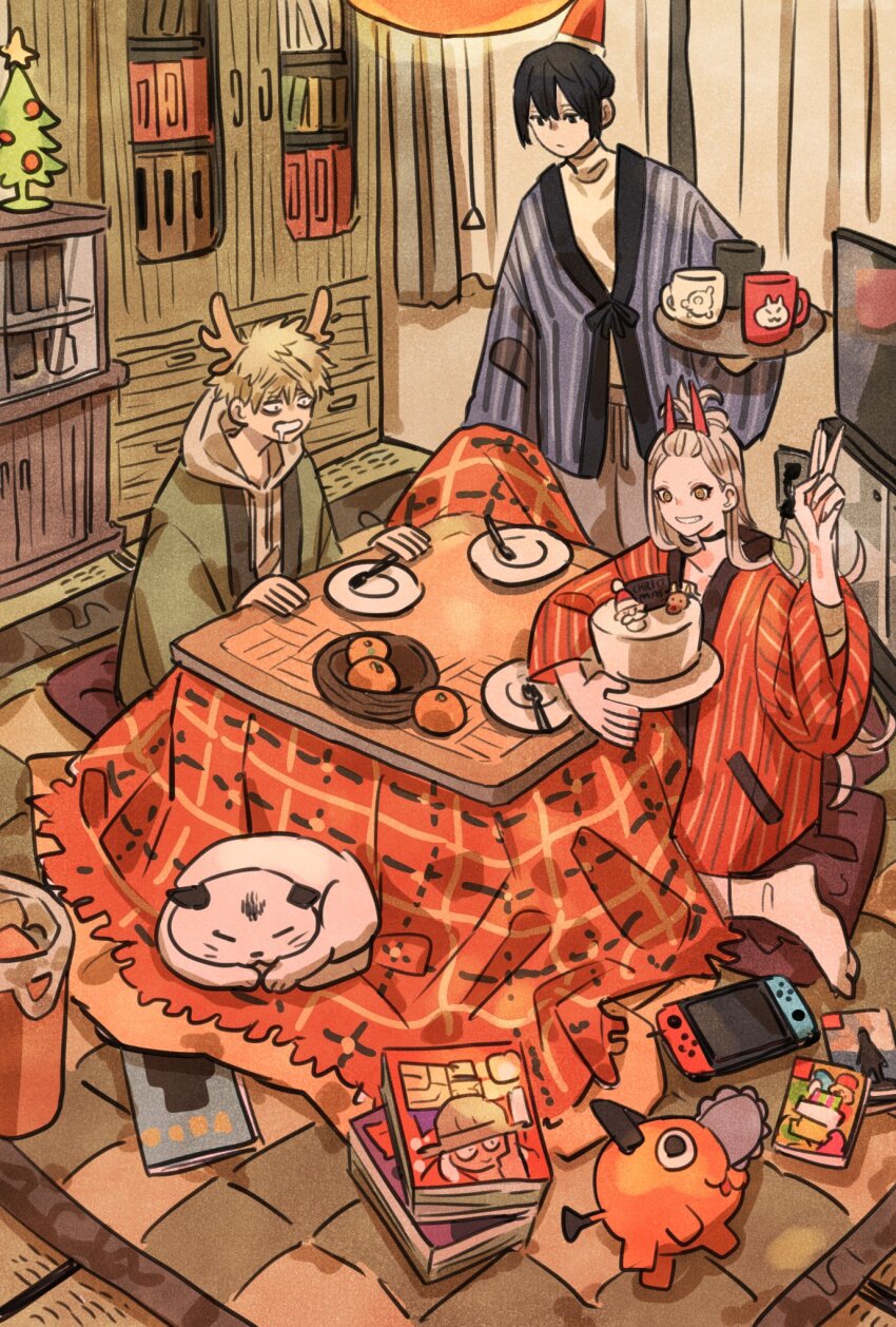 1girl 2boys animal black_hair blonde_hair cake cat chainsaw_man choker christmas_tree commentary_request cup denji_(chainsaw_man) food hair_between_eyes hayakawa_aki highres horns kotatsu long_hair magazine_(object) meowy_(chainsaw_man) multiple_boys nintendo_switch pochita_(chainsaw_man) power_(chainsaw_man) red_horns short_hair table takeuchi_ryousuke television v