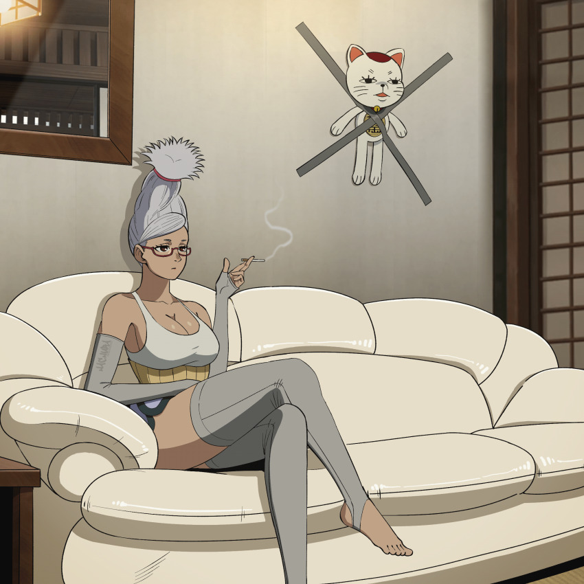 1girl absurdres ayase_seiko barefoot beehive_hairdo breasts cat cigarette cleavage couch crossed_legs dandadan dolphin_shorts elbow_gloves fingerless_gloves glass gloves grey_gloves grey_hair grey_thighhighs hachuart halterneck haramaki highres holding holding_cigarette indoors kid_taped_to_wall_(meme) large_breasts long_hair mature_female mature_male meme purple_shorts red-framed_eyewear shirt shorts sitting sleeveless sleeveless_shirt smoke smoking stirrup_legwear thighhighs toeless_legwear turbo_granny white_shirt