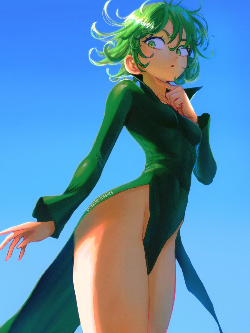 1girl absurdres black_dress blue_sky breasts colorized curly_hair derivative_work dress flipped_hair floating green_eyes green_hair highres levitation long_sleeves looking_down murata_yuusuke no_panties one-punch_man oopsiediasies petite psychic short_hair side_slit sky small_breasts solo tatsumaki thighs third-party_edit